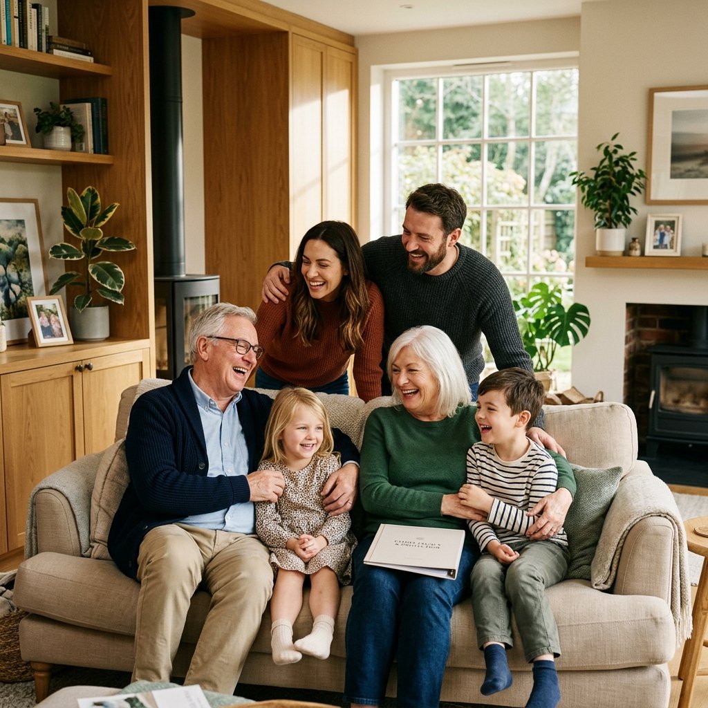 A multi-generational British family laughing together inside a warm, modern living room