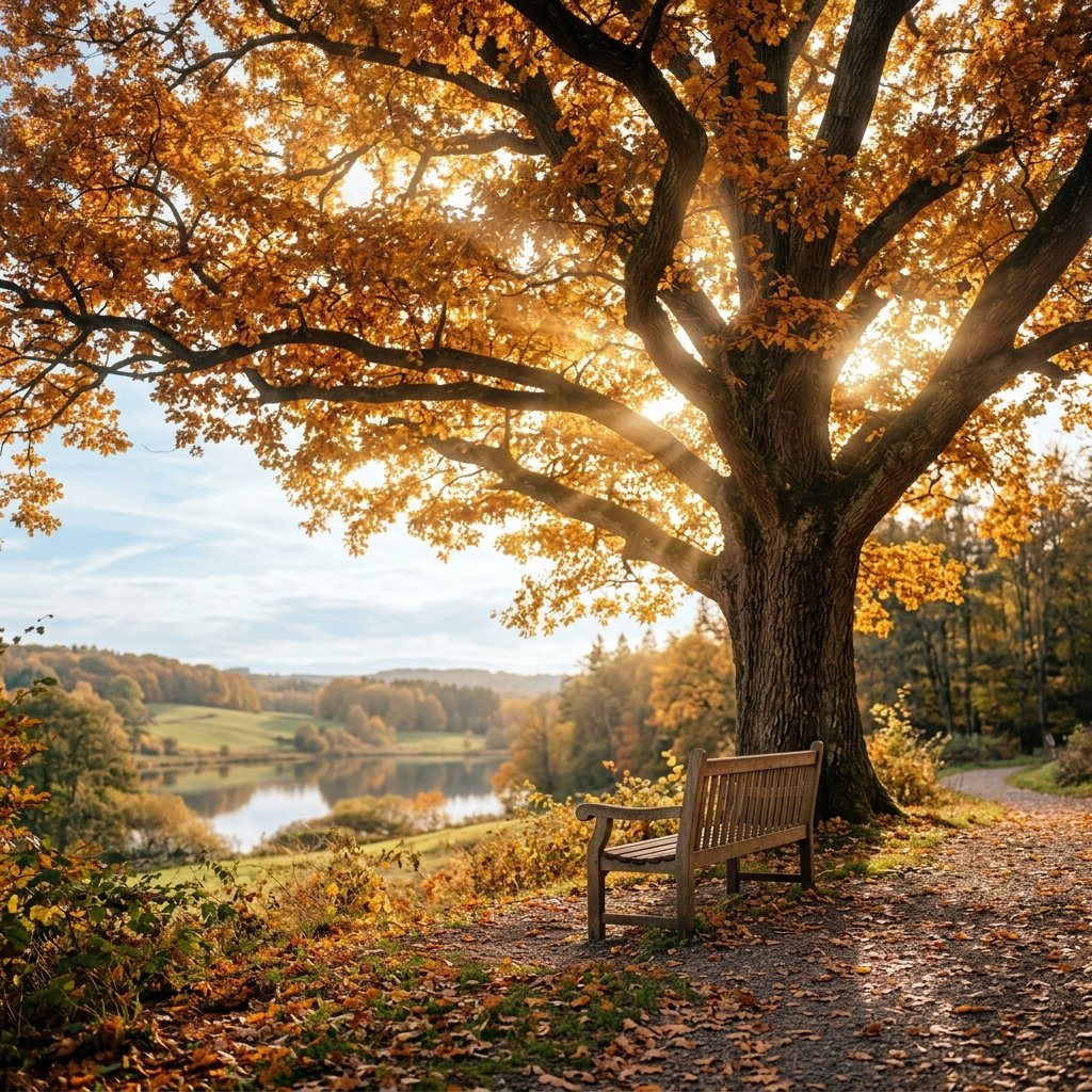 TrustLife UK Golden Autumn oak tree and park bench suggesting a peaceful long-term legacy